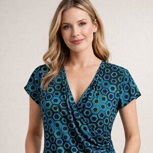 Apt 9 Women's Turquoise & Black Geometric Shapes Cross-Front Blouse - XL